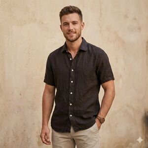 120% Lino Linen Button Up Shirt Mens Small Black Short Sleeve Soft Black Italian